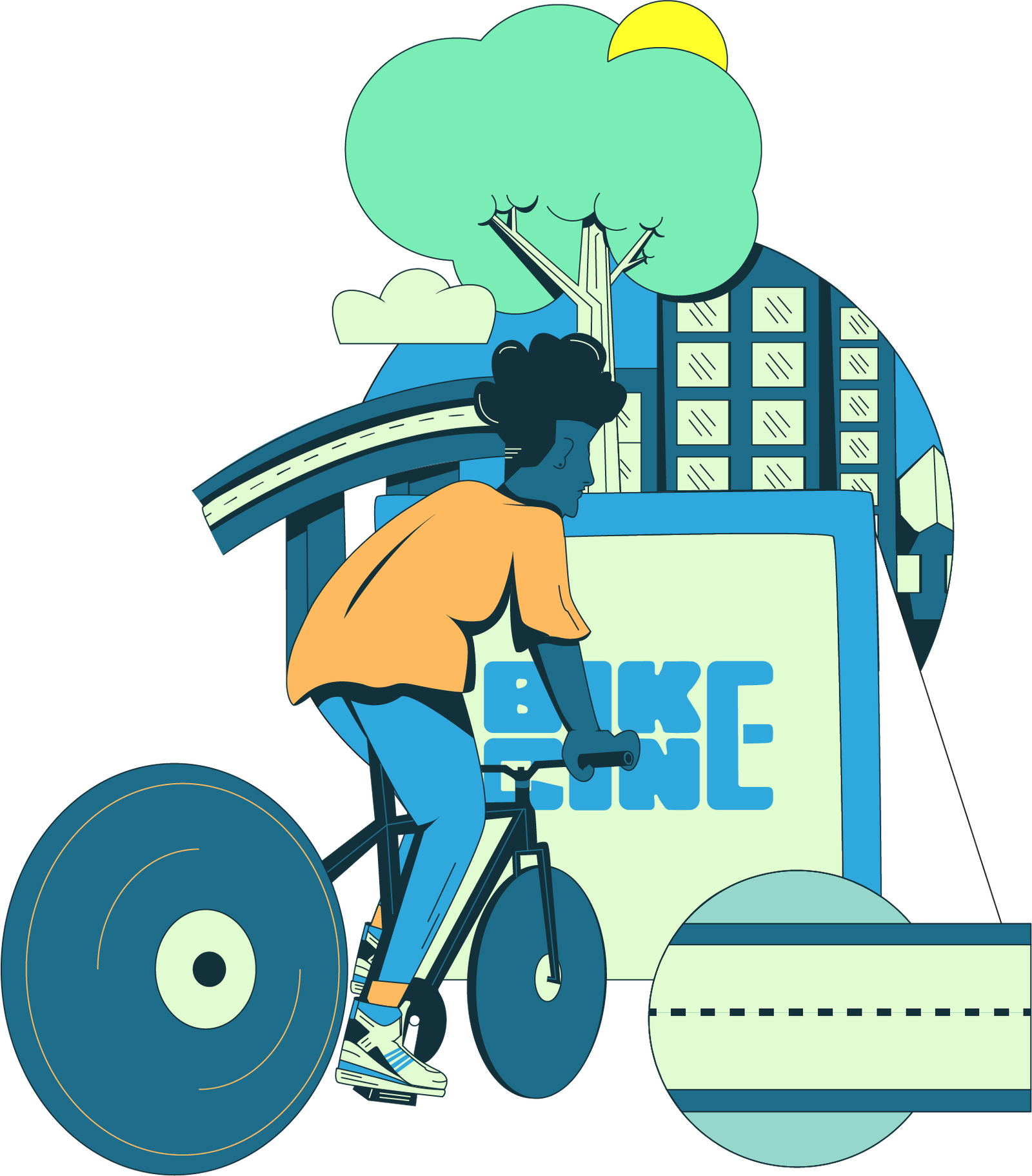 Ilustra&ccedil;&atilde;o de uma pessoa pedalando uma bicicleta em uma ciclovia